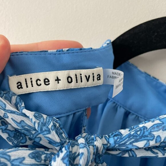 Alice + Olivia Maris Floral Print Lined Tie Halter Neck Blouse Blue White Medium - Picture 6 of 9